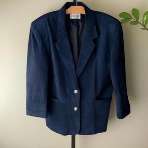 Vintage Dalmys Oversized Suede Leather Blazer Jacket Navy Blue Size Medium 80s
